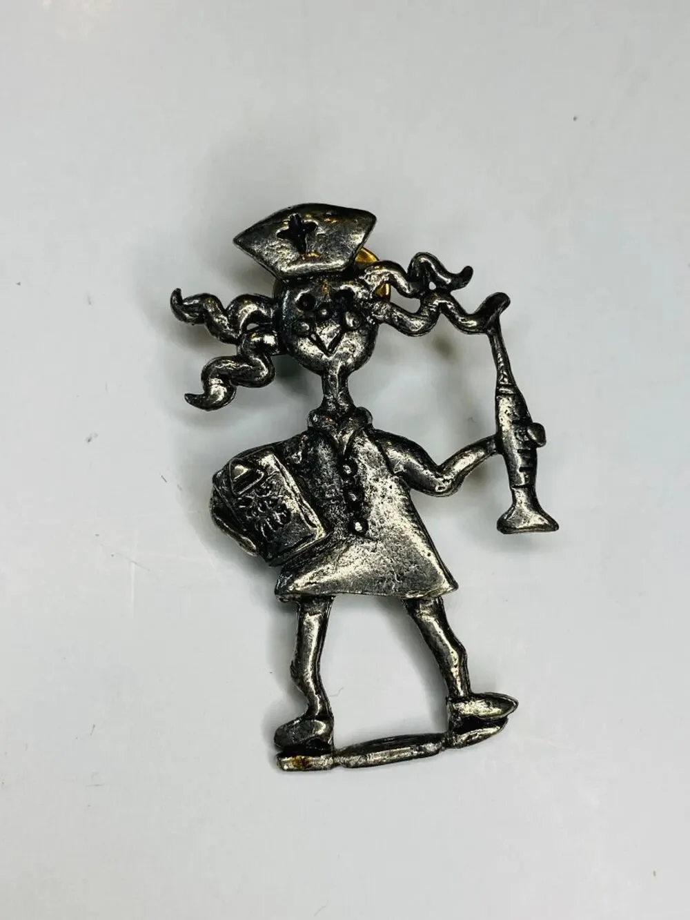 Vintage H Adams Signed Crazy Hair Nurse Lapel Pin Silvertone 2.2